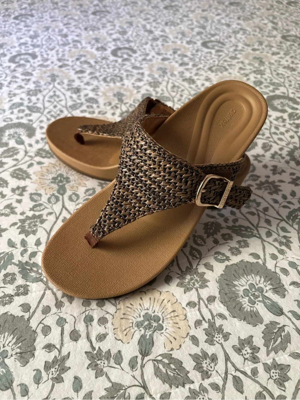 Aetrex Brown Woven Thong Wedge Sandal with Buckle